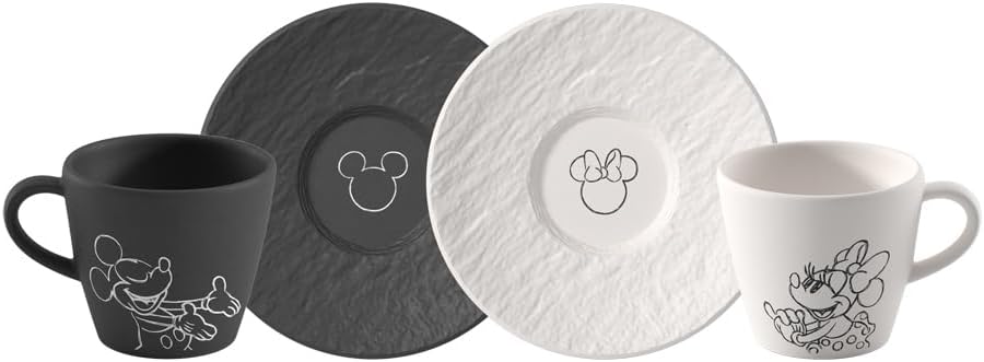 Villeroy & Boch Manufacture Rock - Mickey Mouse - Espresso Cup with Saucer, 4 Pieces, Black/White, Dishwasher Safe & Microwave Safe, Slate Look with Disney Mickey Mouse Decor