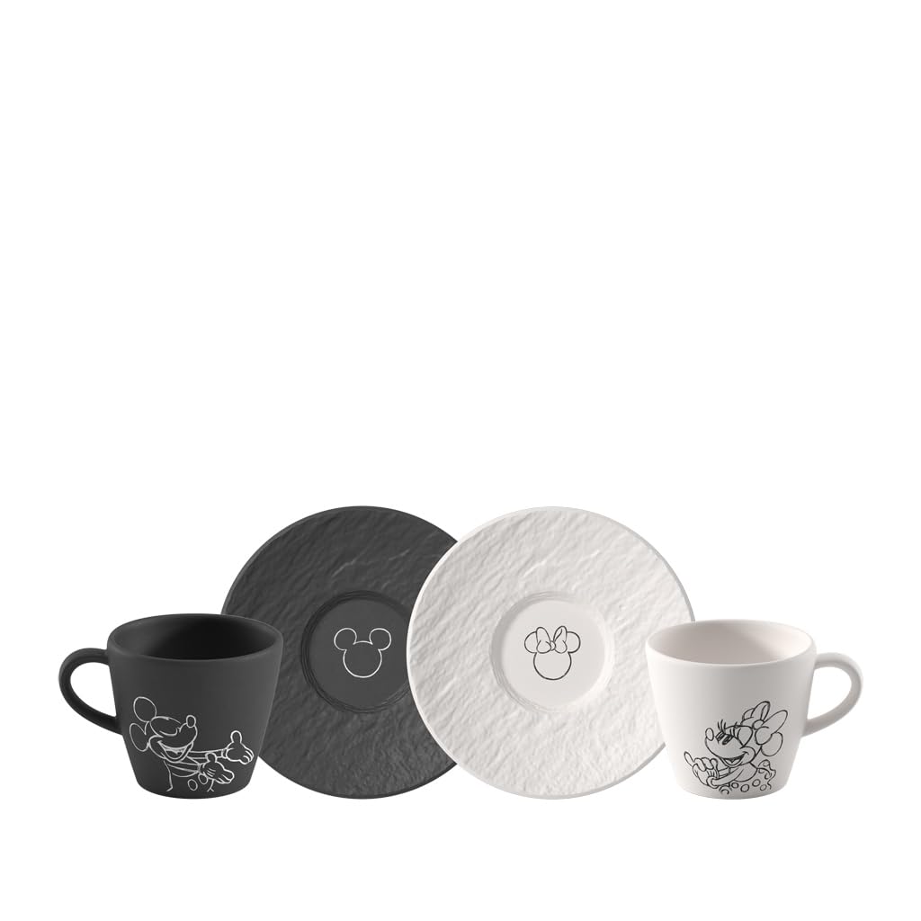 Villeroy & Boch Manufacture Rock – Mickey Mouse – Espressotasse mit Untertasse, 4-teilig, schwarz/weiß, spülmaschinenfest & mikrowellensicher, Schieferoptik mit Disney Mickey Mouse Dekor