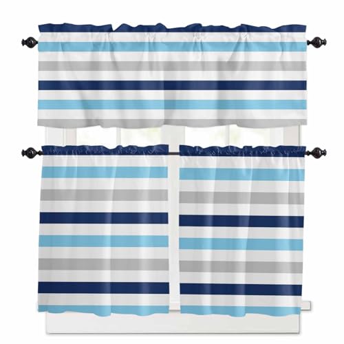 Blue Navy Striped Kitchen Curtains 36 Inch Length, 3 Piece Rod Pocket Small Half Tiers and Valance Set, Simple Abstract Greyish Lines Art Small Large Window Treatment Decor for Bedroom/Bathroom Sink