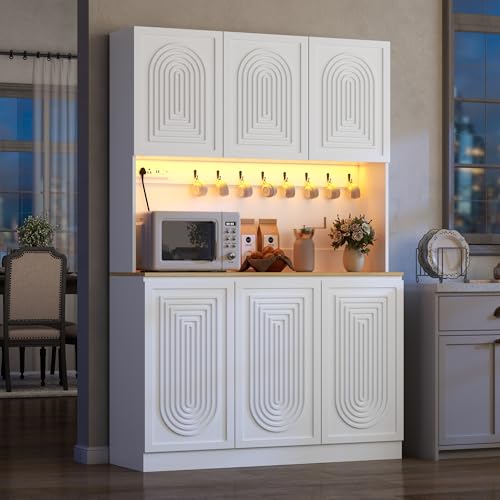 Image of 71 inch Black Kitchen Pantry with Power Outlet & LED Light, Large Kitchen Hutch Cabinet with Adjustable Shelf, Modern Buffet Cabinet with 6 Doors, Food Pantry Storage for Dining Room (White 6 Doors)