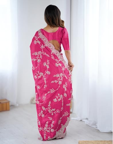 Image of Satrani Women's Satin Embroidery & Sequin Work Saree with Unstitched Blouse Piece