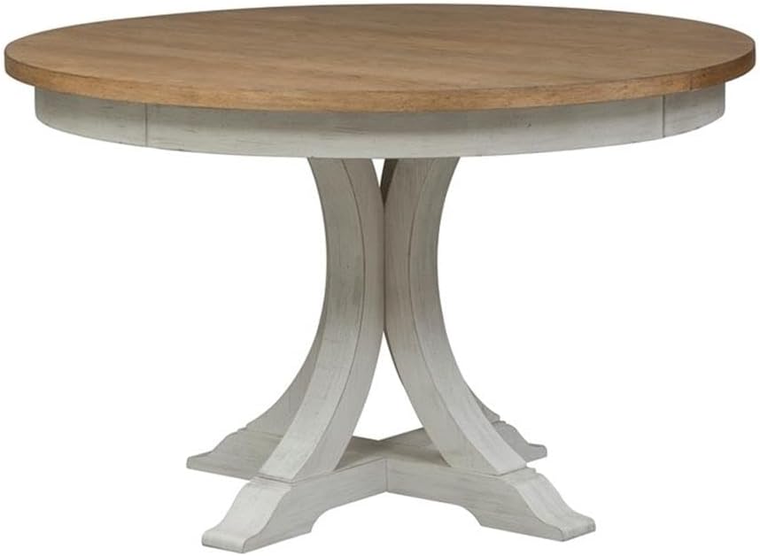 Pemberly Row Farmhouse Reimagined Wood Pedestal Dining Table, Natural Finish, 30''H x 48''W x 60''D, Includes 12'' Removable Leaf, Heavy Distressed Look, Cottage Style Kitchen or Dining Room Table