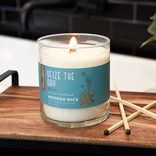 Essential Elements By Candle-Lite Company Wood Wick Scented Candle, Seize The Day, One 16 Oz. Single-Wick Aromatherapy Candle With 50 Hours Of Burn Time, White #TOP6