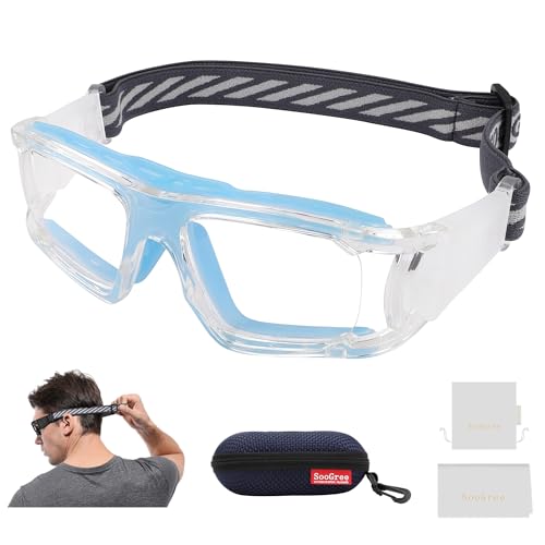 SooGree Basketball Soccer Football Sports Protective Eyewear Goggles Racquetball Sports Goggles Eye Safety Glasses (Transparent Frame Blue Pad)