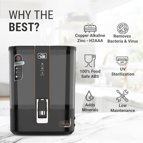 Image of Aqua V5 Zinc Copper Alkaline RO Water Purifier | 10 Liter Storage | RO + UV + UF + Zinc + Copper + Alkaline + TDS Control | 3000 TDS | Best For Home and Office (Mirror Black) (Black)