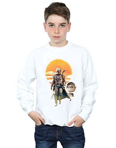 Image of Absolute Cult Star Wars Boys The Mandalorian Sunset Poster Sweatshirt White 5-6 Years