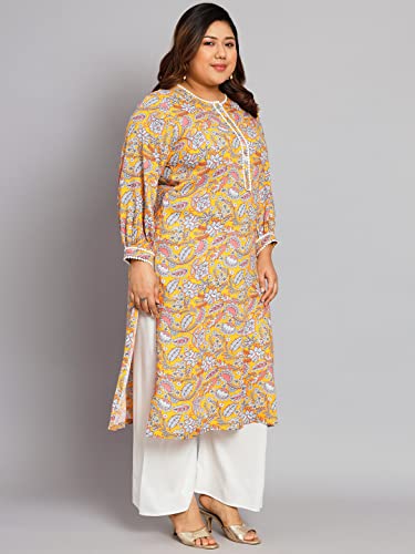 Tissu Women's Plus Size Yellow & Pink Printed Kurta with Palazzo2