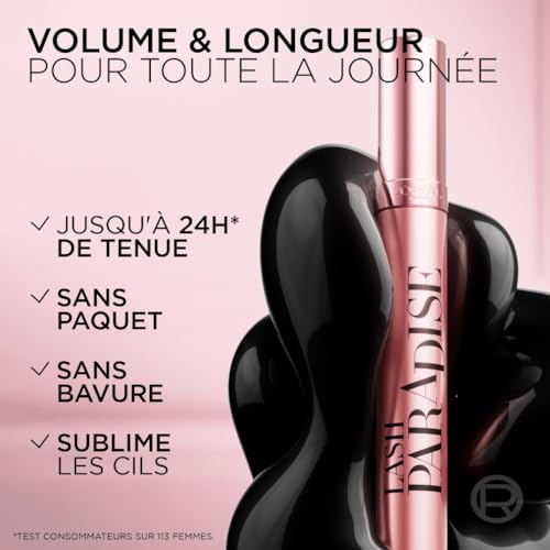 L'Oréal Paris - Mascara Volume & Longueur Intense - Convient aux Yeux Sensibles - Formule à l'Huile de Ricin, Huile de Rose et Extrait de Bleuet - Lash Paradise - Teinte : Noir - 6,4 ml