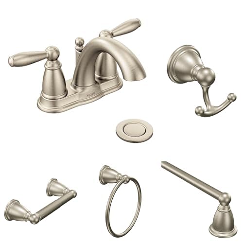 Moen Brantford Brushed Nickel 5-Piece Bathroom Set: Two-Handle Centerset Faucet with Drain, 24-Inch Towel Bar, Hand Towel Ring, Double Robe Hook, and Toilet Paper Holder
