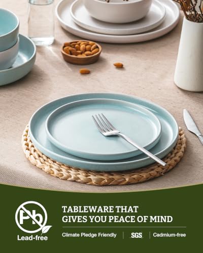 Image of Famiware Milkyway Plates and Bowls Sets, 12 Pieces Dinnerware Sets, Reactive Glaze Dish Set, Stoneware Dishes Set for 4, Matte Beige White & Light Blue