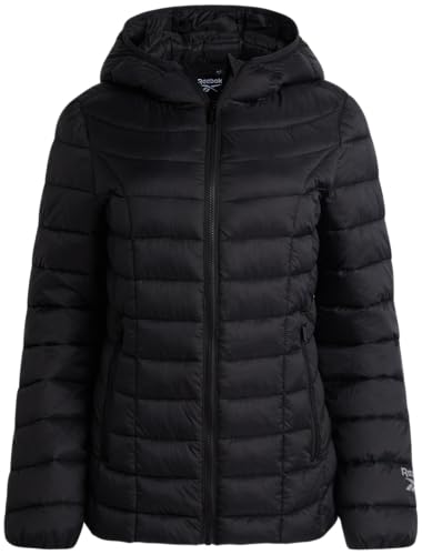 Reebok Womens Puffer Jacket - Lightweight Quilted Snow Glacier Shield Zip Up Bubble Winter Coat for Women with Hood & Pockets, Size Large, Black Ink