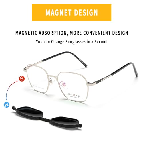Image of grey jack Square Clip on Glasses with Spring Hinge,Metal Frame 3 in 1 Magentic Sunglasses for Myopic Men Women 8133