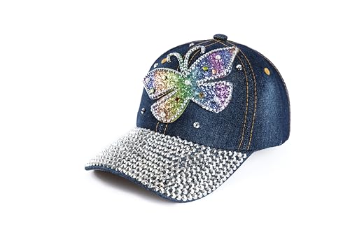 Ashen Fane 6 Panel Studded Rhinestone Bling Denim Casual Baseball Hat, Dark Butterfly
