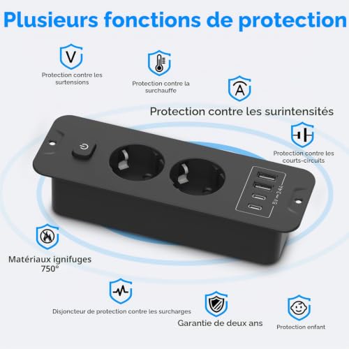 Prise escamotable 2 prises avec USB-C PD 20 W prise encastrée 4000 W – vue 3