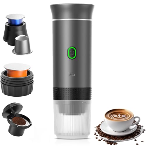Aischens Máquina de café espresso portátil para coche, 60 ml, con calefacción eléctrica, con USB C, compatible con cápsulas NS y café molido, mini cafetera para camping, oficina y senderismo (gris)