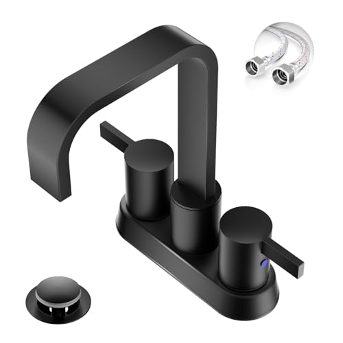 Phiestina Matte Black 4 Inch 2 Handles Centerset Bathroom Sink Faucet,2 or 3 Holes Waterfall Bathroom Faucet with 360 Swivel Spout,Metal Pop-Up Drain and Water Supply Lines, BF040B-1-MB