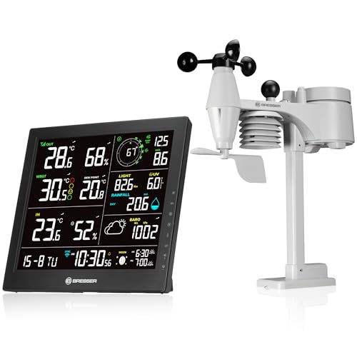 Bresser WLAN-Wetterstation 8-in-1 Außensensor Windmesser Regenmesser UV WBGT Hitzealarm Vorhersage Mondphase Innenhygrometer