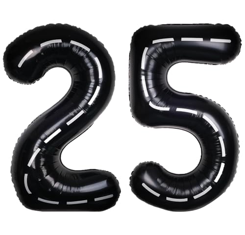 Image of Race Car 40Inch Black 25 Balloon Number Large Helium Race Track 0-9 Giant Digital 25th Foil Mylar Big Party Number Balloons for Boy Birthday Car Theme Party Anniversary Graduation Decorations