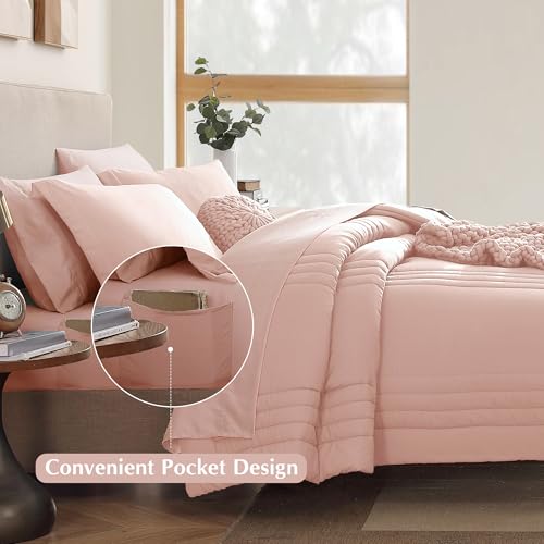 Image of Monbix Queen Comforter Set - 7 Pieces Light Pink Bed in a Bag Queen Bedding Sets with Comforters, All Seasons Comforter Bed Set with Sheets, Pillowcases & Shams