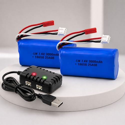 2 x 7.4V 3000-mAh 2S Li-Ion 18650 Akku mit Dual-Ladegerät, Wiederaufladbarer Akkupack Batterie m. JST BEC Stecker, RC Modellbau, Auto, Hubschrauber, Drohne, Boot, Bagger, Monstertruck, DIY, Spielzeug