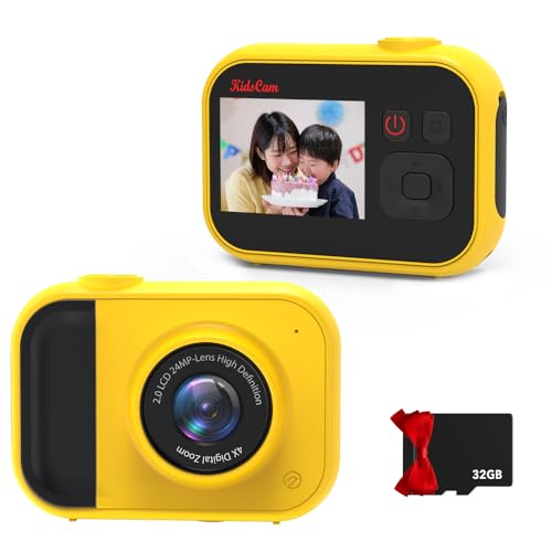 【2025新登場】 子供用カメラ 子供用デジタルカメラ キッズカメラ 6016×4000 ビデオカメラ スピーカー内蔵 音楽再生 USB充電式 32GBメモリカード付き 2インチIPS画面 4倍デジタルズーム かわいい プレイヤー 日本語取扱説明書付き 子供の日 誕生日プレゼント クリスマス 贈り物 (イエロー)