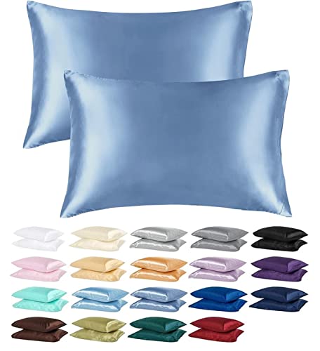 2 Pack - HOMEBAY® Satin Pillowcase With Handy Storage Pouch | Super Soft Silky Pillowcases for Hair and Skin | Envelope Closure Pillow Cases UK (Airy Blue)