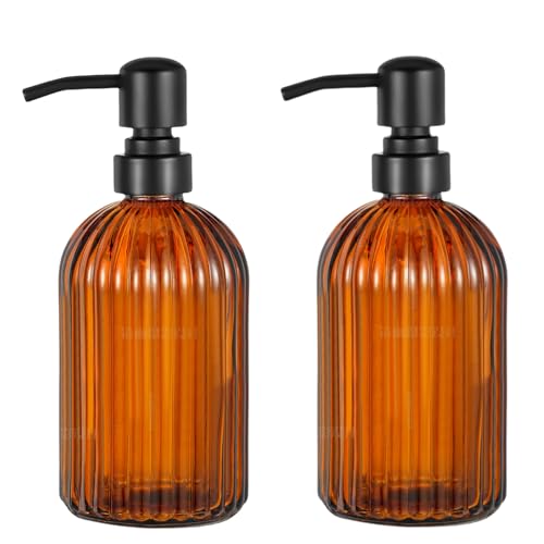 Juego de 2 dispensadores de jabón de baño y cocina de diseño vertical ámbar con tarro de vidrio de 16 onzas, bomba de acero inoxidable negro mate, para jabón de manos, jabón de platos y dispensador de