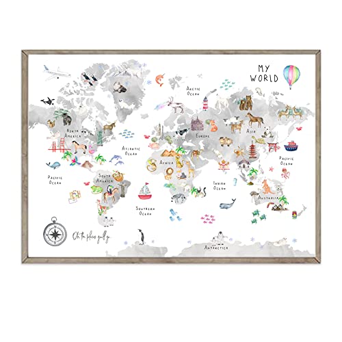 Image of Joocrise Grey Kids World Map Wall Art Animal Canvas Wall Art Nursery Wall Decor World Map Poster Playroom Prints Educational Artwork16x24 Inch Unframed