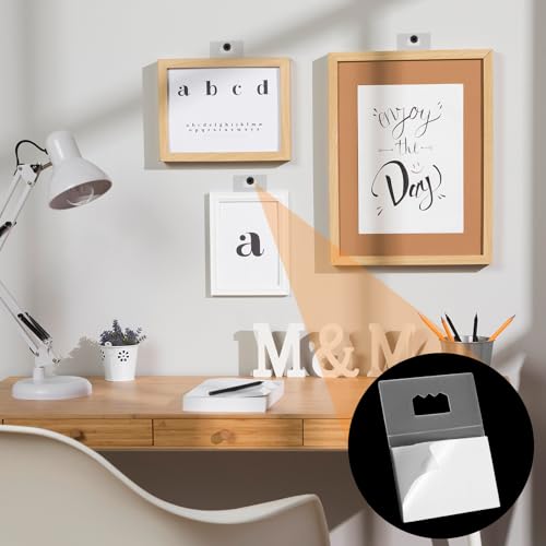 Image of Ouligay 12pcs Adhesive Picture Poster Hangers, Stick on Picture Hangers, Picture Frame Backing Clips, No Nail Picture Hangers for Frames, White Foamboard Hangers Ideal for Home and Office Decor