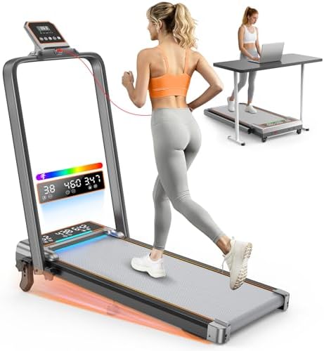 Walking Pad Treadmill with 12% Incline & Dual LED Display, 4 in 1 Walking Pad with Handle Bar, 3.5HP Foldable Under Desk Treadmill, Portable Treadmills for Home 350LBS, 4 Adjustable Incline, RGB Light