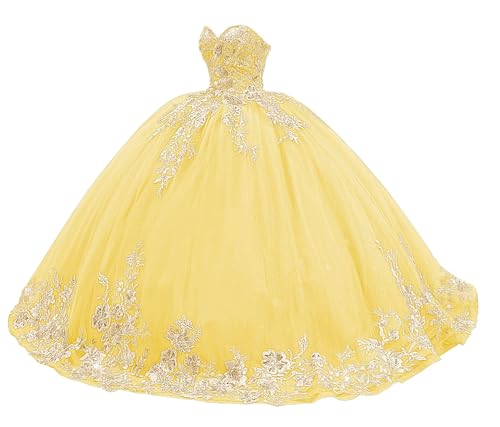 XYAYE Women's Sparkly Tulle Quinceanera Dresses Ball Gown 3D Flowers Strapless Dresses Gold Lace Sweet 15 16 Dress XY094