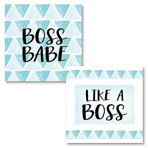 Leoner22art Sagebrush Fine Art Watercolor Style Light Blue and White Boss Babe and Like A Boss Triangle Pattern Set, Two 8x10 inches Unframed Canvas Art Printed