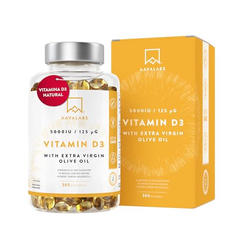Vitamina D3 Natural [5000 UI] Depot - Altamente Concentrada - con Aceite de Oliva Extra Virgen para una Absorción Óptima - Favorece la Función Ósea e Inmunológica - Complemento Alimenticio - 365 Cáps