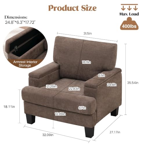 Image of Accent Chairs Set of 2 with Storage Armrest, Fabric Modern Upholstered Reading Living Room Chairs, Comfy Large Armchair, Sofa Chair for Bedroom (Dark Brown)