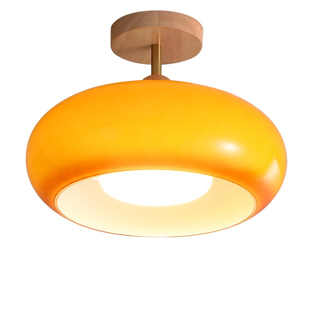 Ceiling Lighting Fixture 11.02In Mid-Century Modern Wood Ceiling Light Semi Flush Mount Ceiling Light With Glass Hallway Lighting Fixtures Close To Ceiling Lamp For Kitchen Bedroom Porch Foyer