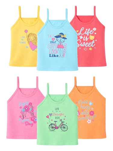 Image of BODYCARE Kids Girl's Printed Assorted Dori Regular Fit Vest 100% Cotton Vest | Skin Friendly | Lightweight | Sleeveless Design | Multicolor | Pack of 6 (Color & Print May Vary)
