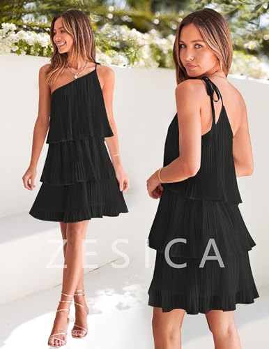 Image of ZESICA Women's Boho Summer One Shoulder Sleeveless Ruffle Tiered Layered Chiffon Pleated A Line Flowy Mini Dress
