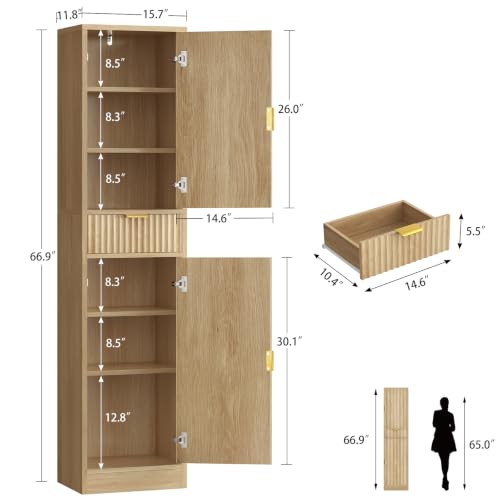 Image of TEENFON 66.9″ Storage Cabinet with 1 Drawer and 2 Doors, Tall Bathroom Storage Cabinet with Adjustable Shelves, Rattan Fluted Cabinet for Bathroom, Living Room, Kitchen, Natural Oak