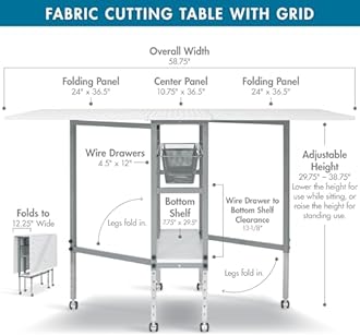 Sew Ready Foldable Hobby and Cutting Grid Table - 58.75" W x 36.5" D White Arts and Crafts Table with Grid Top and Silver Storage Drawers