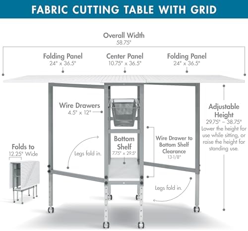 Sew Ready Height Adjustable, Quilting Fabric Cutting Folding Table, Sewing Board Grid & Guides, Silver/White/Black Grid