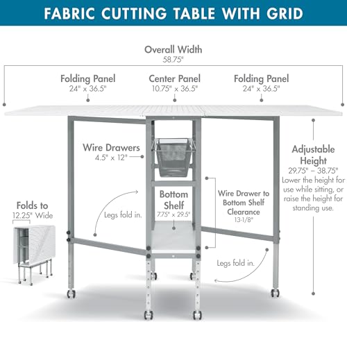 Sew Ready Foldable Hobby and Cutting Grid Table - 58.75" W x 36.5" D White Arts and Crafts Table with Grid Top and Silver Storage Drawers