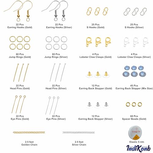 Image of INDIKONB Jewelry Making Kit - Gold and Silver Metal Findings for DIY Crafts - Beading Supplies for Necklaces, Bracelets, Earrings (Findings + Tools)