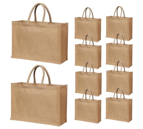 10 Pack Reusable Jute Burlap Tote Bags, 15.8X11.9X5.9 Inches, Eco-Friendly Shopping and Beach Bags with Handles Bridesmaid Gift Tote, Wedding Favor Totes, Return Gift Bag