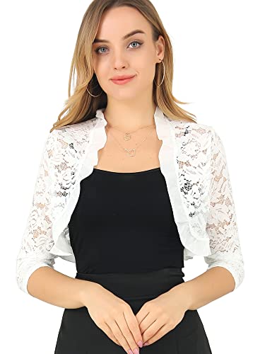 Image of Allegra K Women's Elegant Lace Cardigan Ruffle Collar Crop 3 /4 Sleeve Sheer Bolero Floral Lace Shrug Top