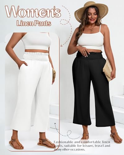 2 Pack Women's Plus Size Linen Pants, Elastic Waist Flowy Cropped Pants Casual Wide Leg Capri Palazzo Trousers3