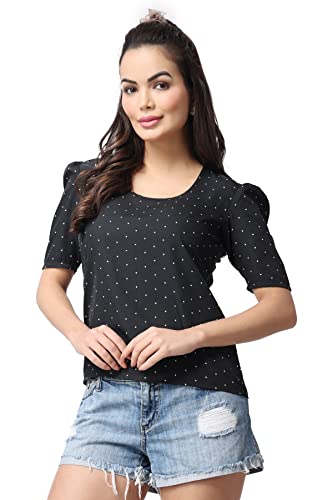 Image of POPWINGS Casual Printed Puff Sleeves Round Neck Top for Women || Stylish Summer Tops for Women || Hip-Length Women Top