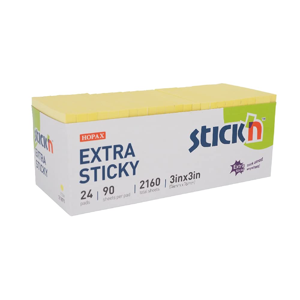 Stick'n Extra Sticky Notes, 3 in x 3 in, 90 Sheets/Pad, 24 Pads/Pack, Pastel Yellow