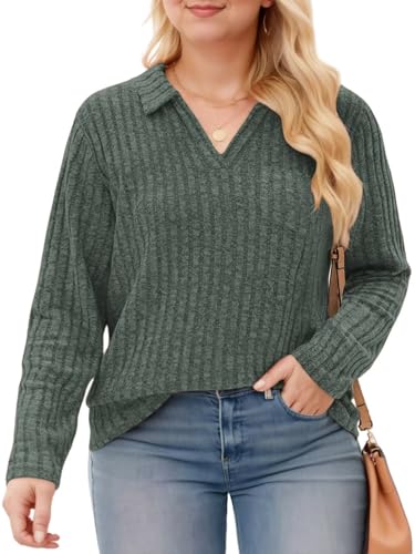 Image of VISLILY Womens-Plus-Size-Tops Collared V Neck Polo Shirts Lightweight Long Sleeve Sweaters Trendy Pocket Decor Tunic Blouses