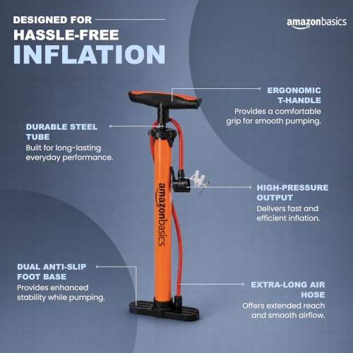 Image of Amazon Basics Portable High-Pressure Bicycle Air Pump | Includes Ball Needle & Air Nozzle | Ergonomic T-Handle | Hand Air Pump for Bicycles, Footballs, Sports Balls & Inflatables | Orange