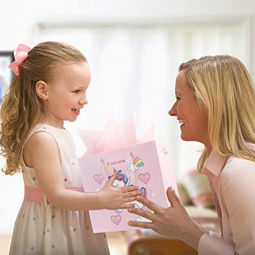 2pcs Unicorn Gift Bags for Girl Baby Shower 1st 2nd Kids Birthday Pink Bright Colour with Tissue Paper 12"Wx4.7"Dx10.6"H 9"Wx3.5"Dx7.5"H